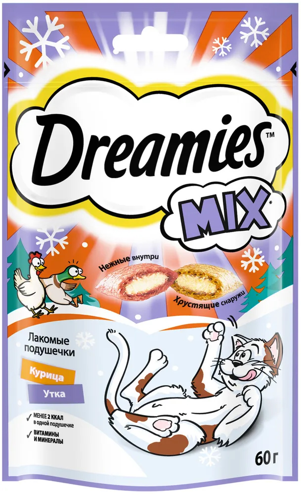 фото Лакомство dreamies mix с курицей и уткой для кошек 60 г