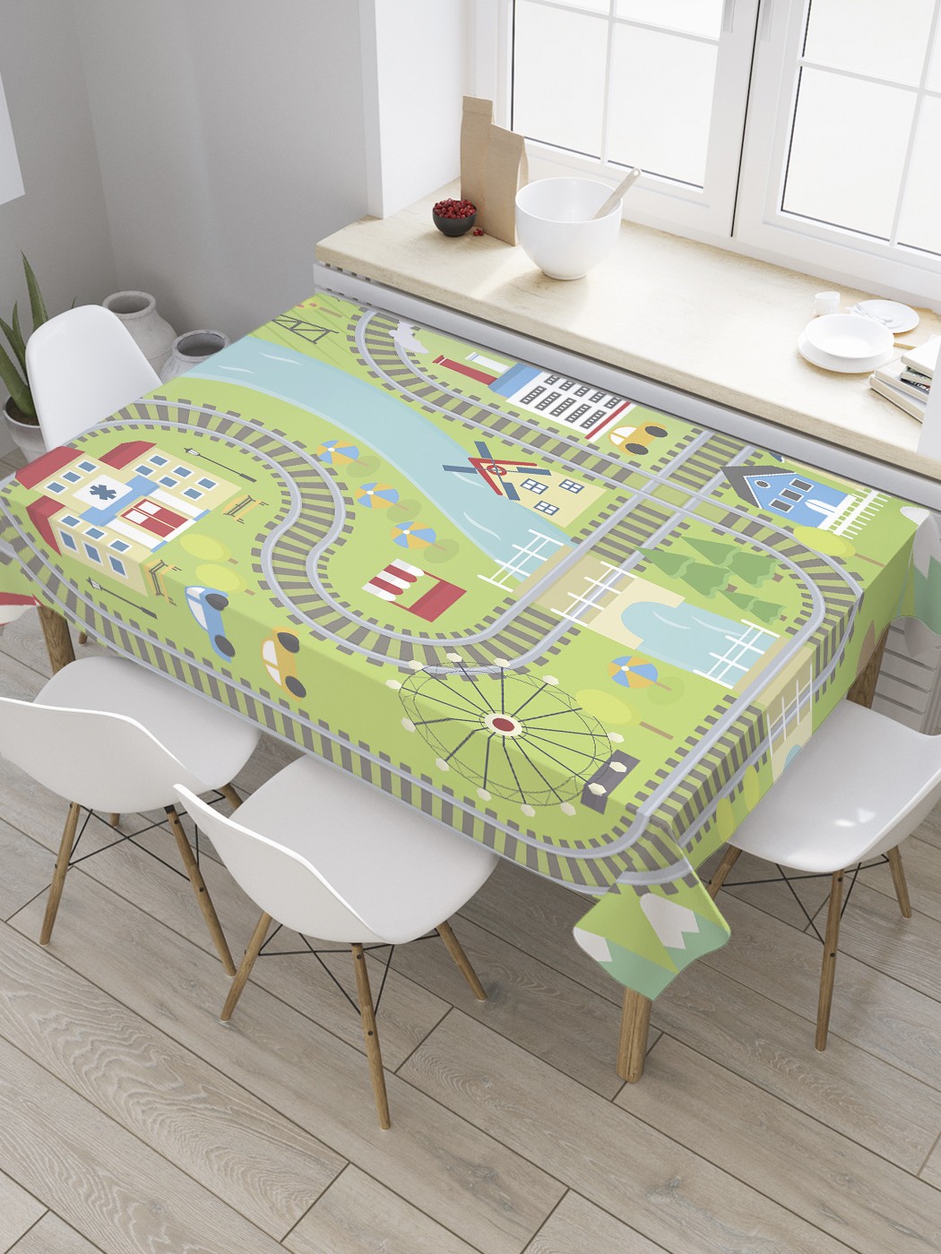 фото Скатерть прямоугольная joyarty "детская трамвайная дорога с мостами" из сатена, 120x145 см