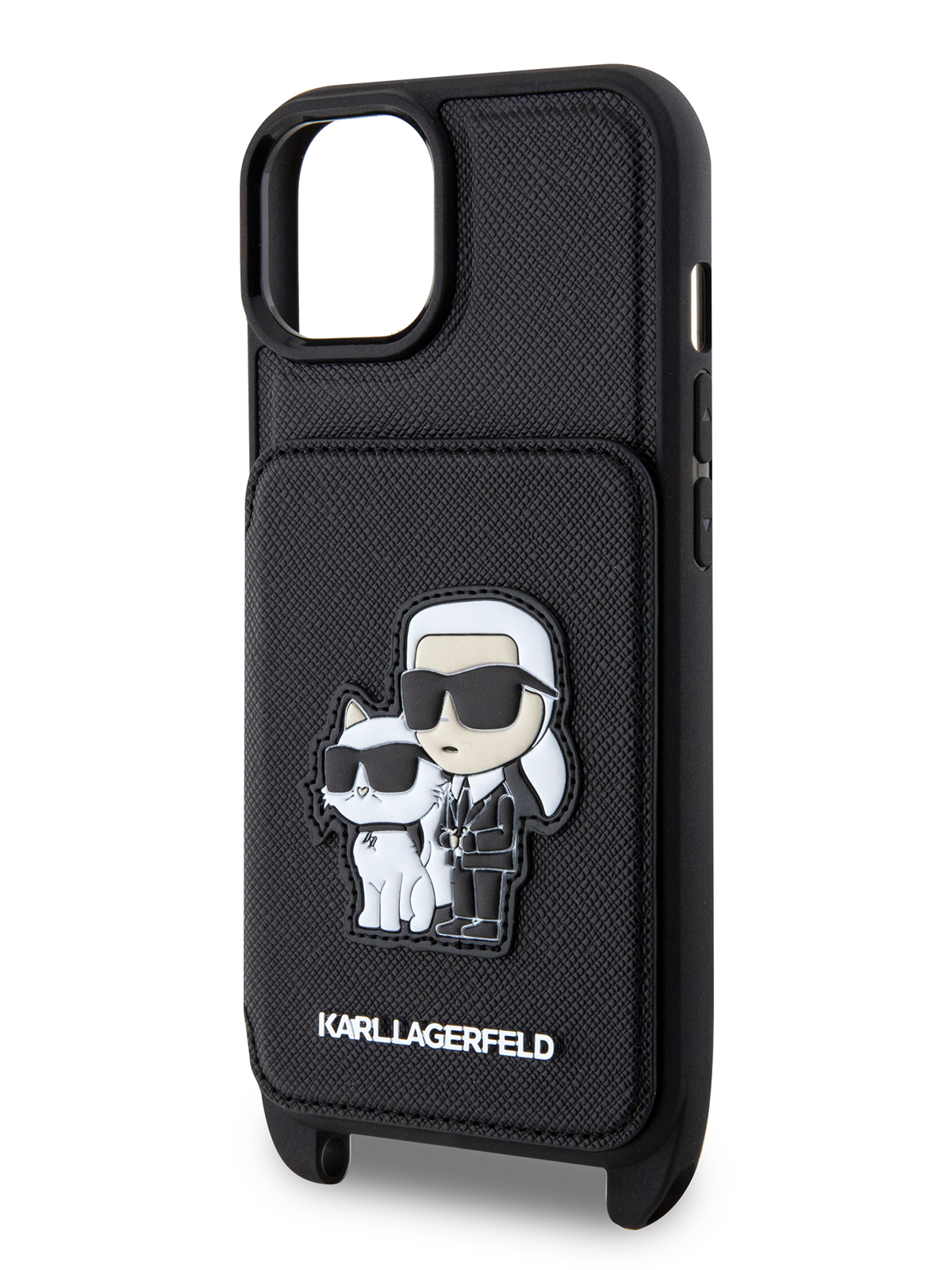 

Чехол Karl Lagerfeld для iPhone 15 с ремнем и карманом для карт Hard Black, Черный