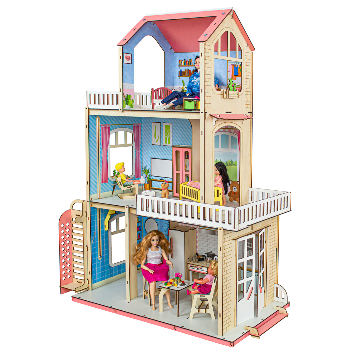 Деревянный кукольный домик M-Wood для Барби с мебелью, обоями и лифтом кукольный домик быстрой сборки автозаправка