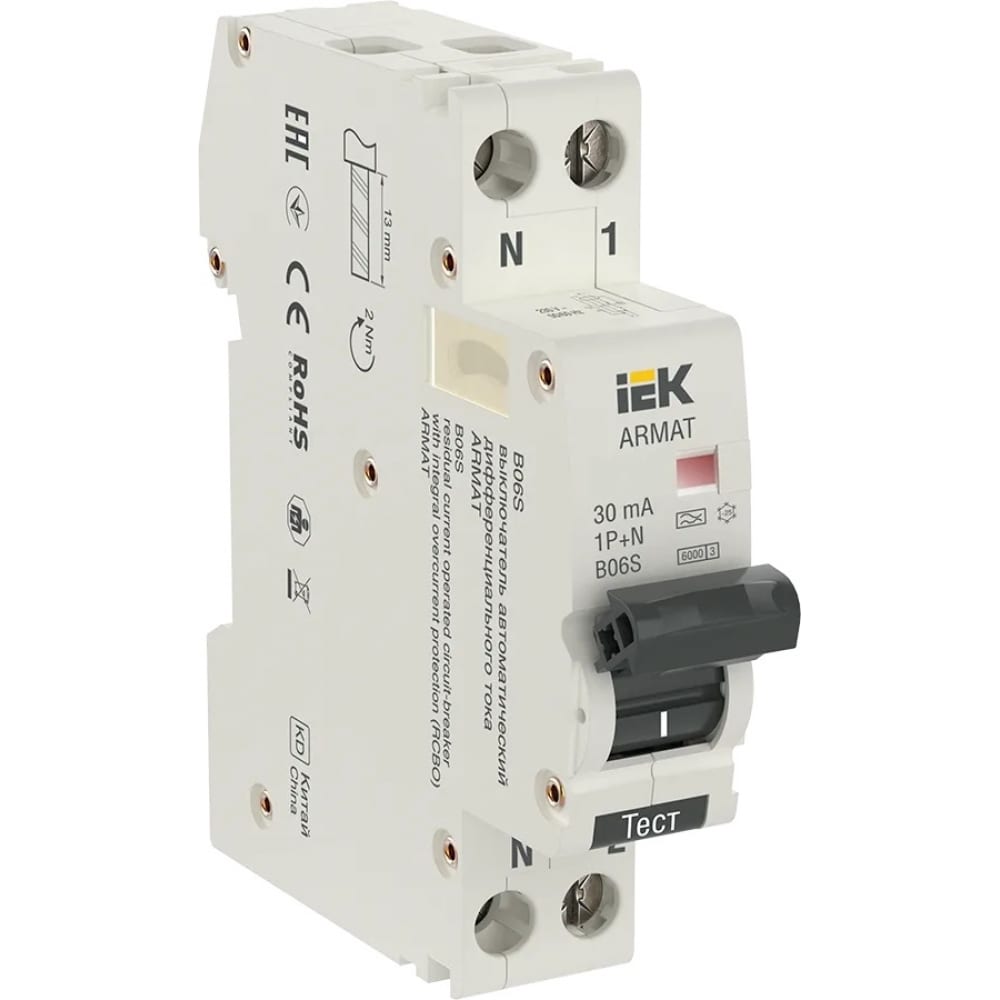

IEK ARMAT АВДТ B06S 1P+NP C6 30мА тип A (18мм) AR-B06S-1N-C06A030