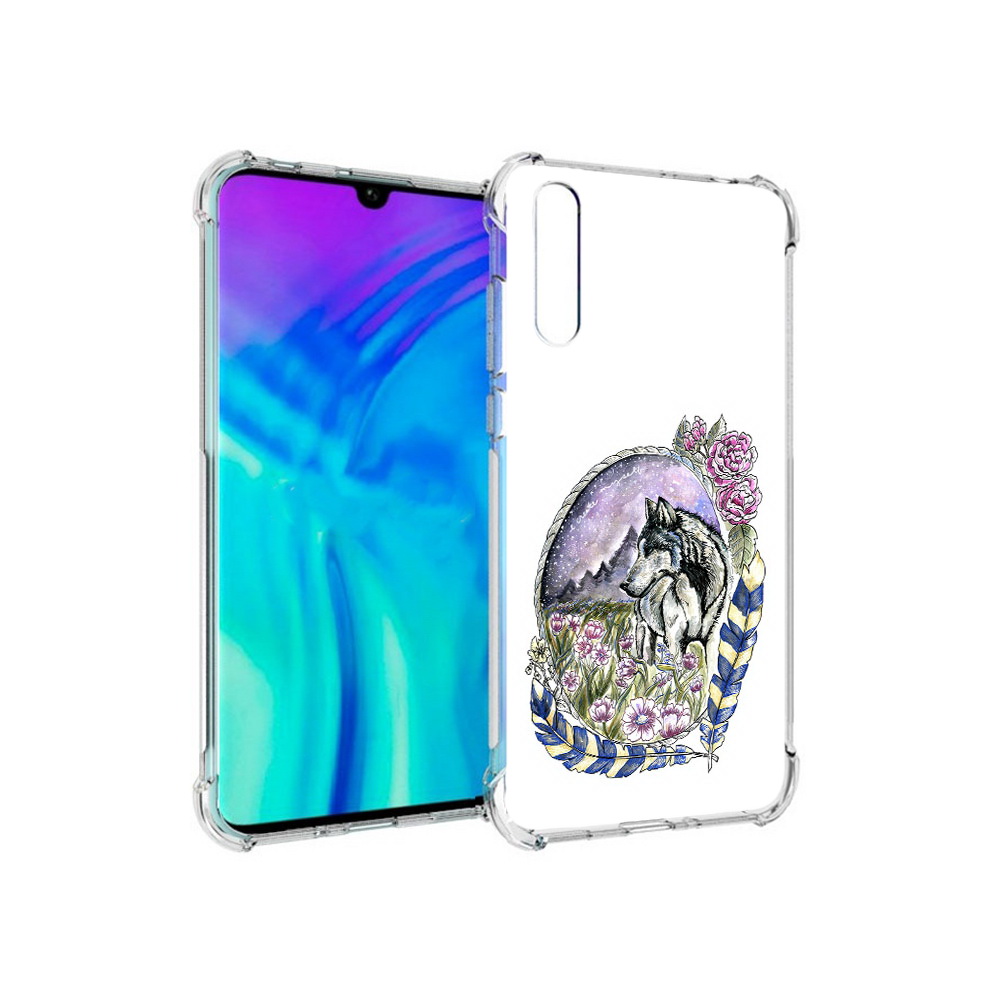 

Чехол MyPads Tocco для Huawei Enjoy 10s нарисованный волк в цветах с перьями, Прозрачный, Tocco