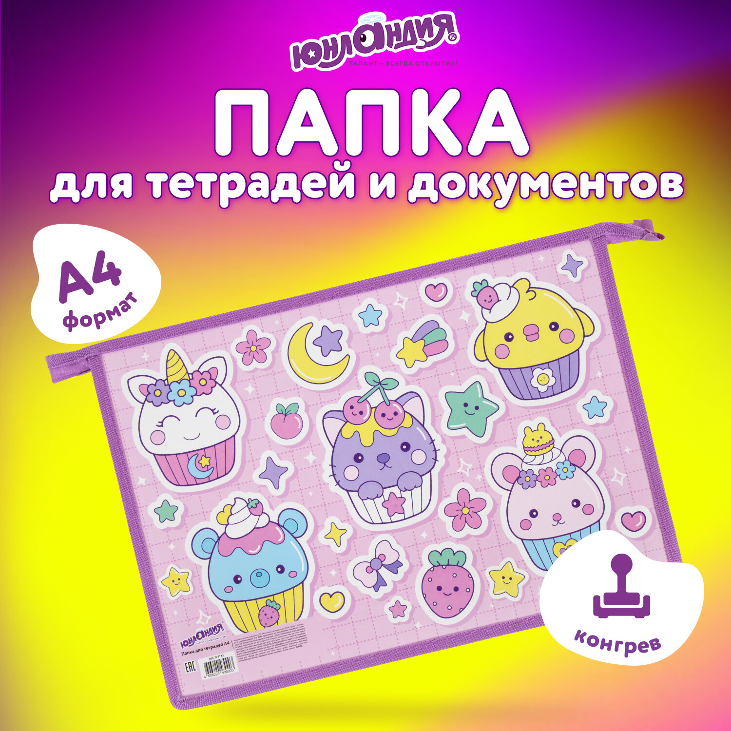 Папка Юнландия Sweets, 272133, для тетрадей, труда, рисования, изо А4 для девочек в школу