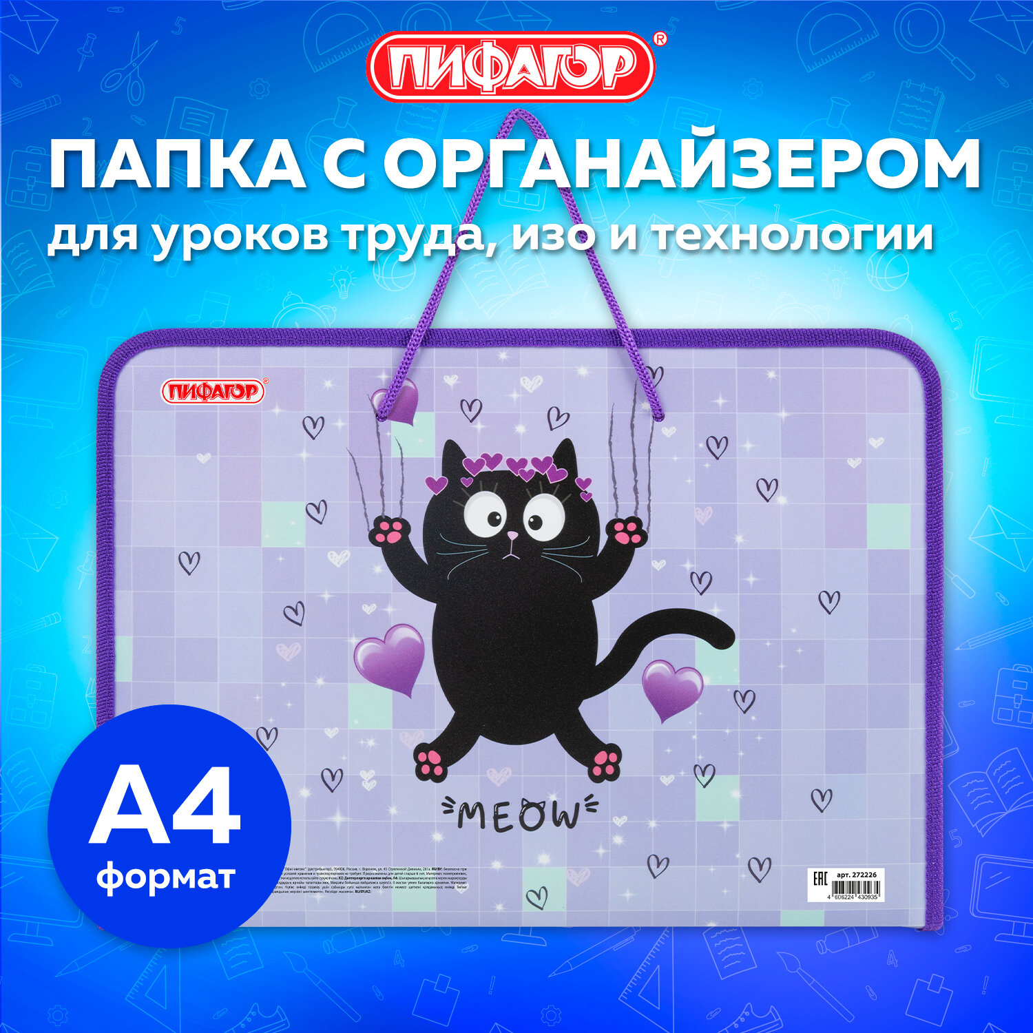 Папка Пифагор Falling cat 272226 для тетрадей труда рисования и изо А4 девочке в школу 684₽