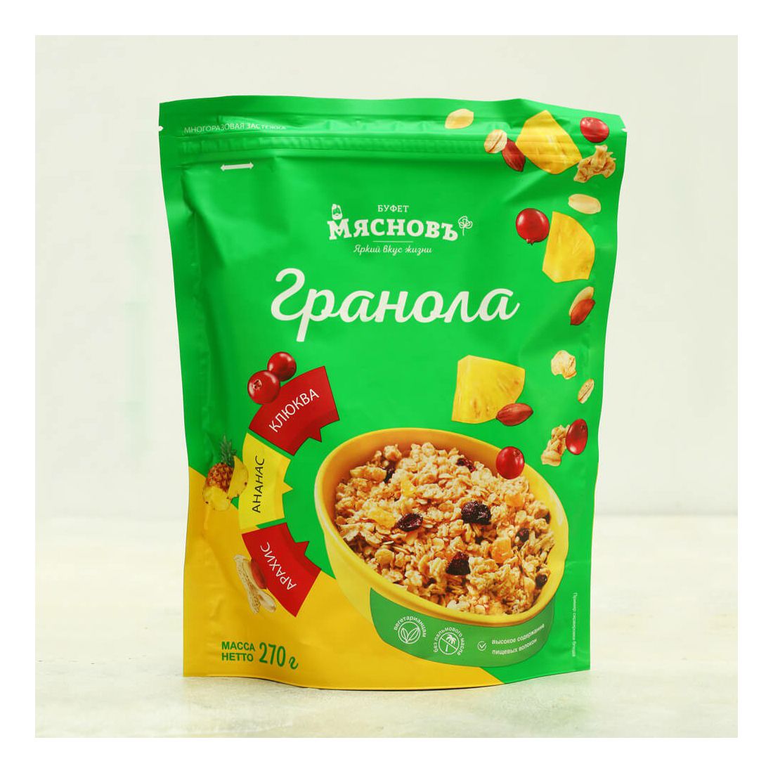 

Гранола МясновЪ БУФЕТ с арахисом, ананасом и клюквой 270 г