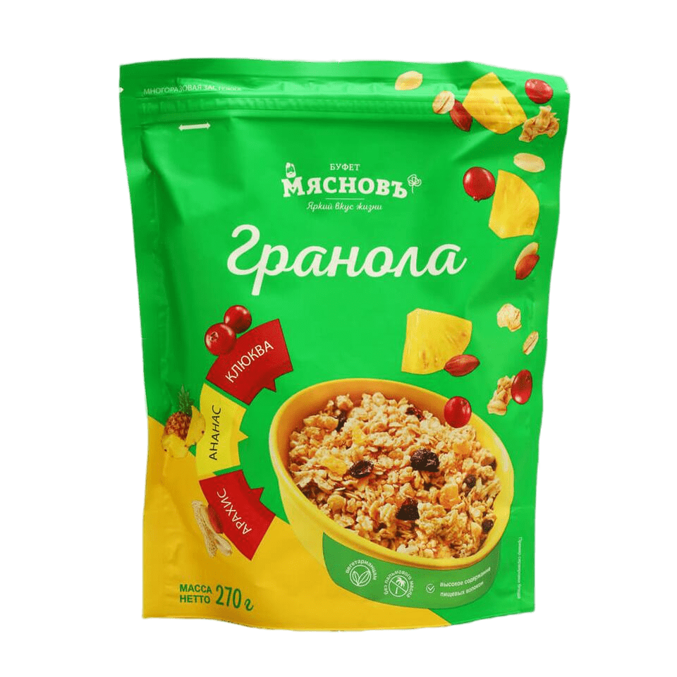 

Гранола МясновЪ БУФЕТ с арахисом, ананасом и клюквой 270 г