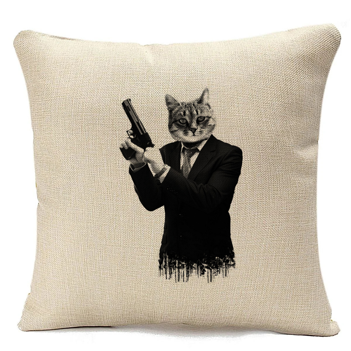 

Подушка бежевая CoolPodarok Кот с туловищем человека пистолет, Бежевый