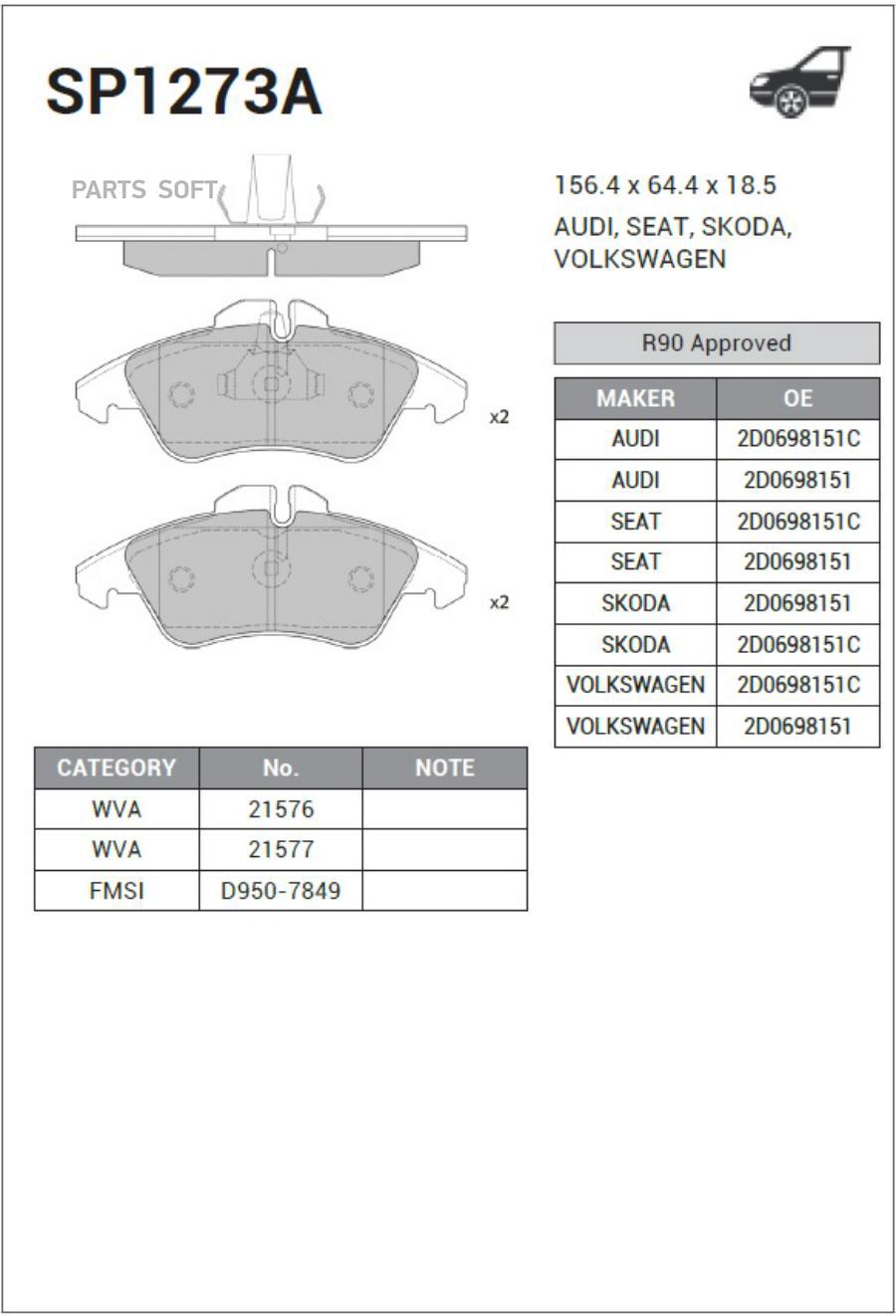 

Колодки Передние Vw Lt 96-06 Sp1273a Sangsin brake арт. SP1273A