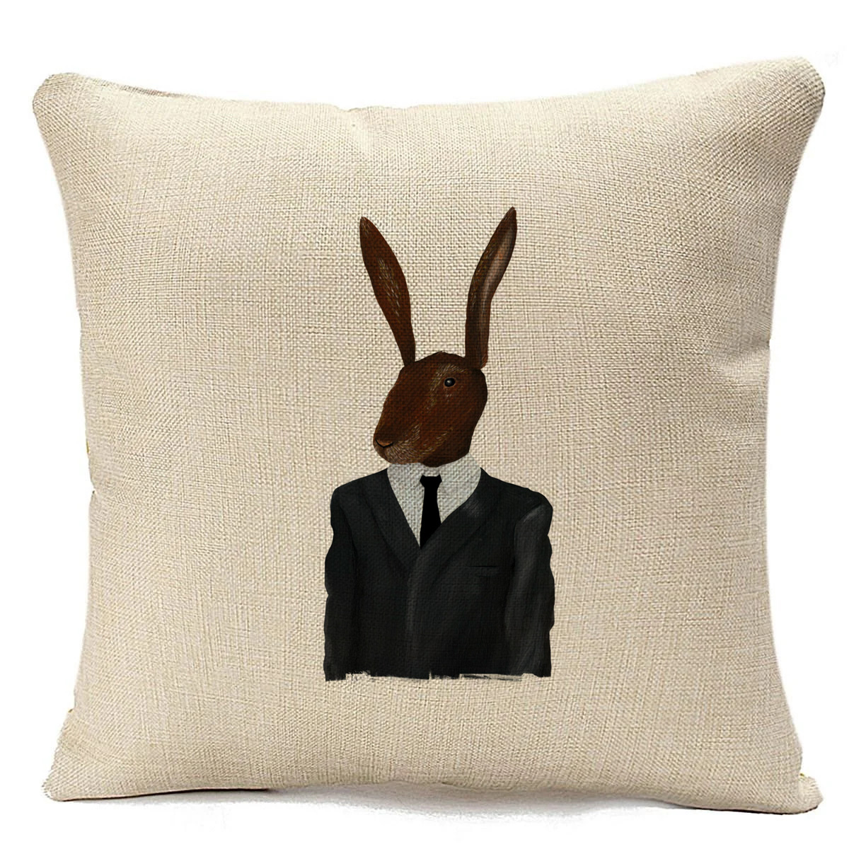 Бежевая подушка CoolPodarok с кроликом в галстуке.