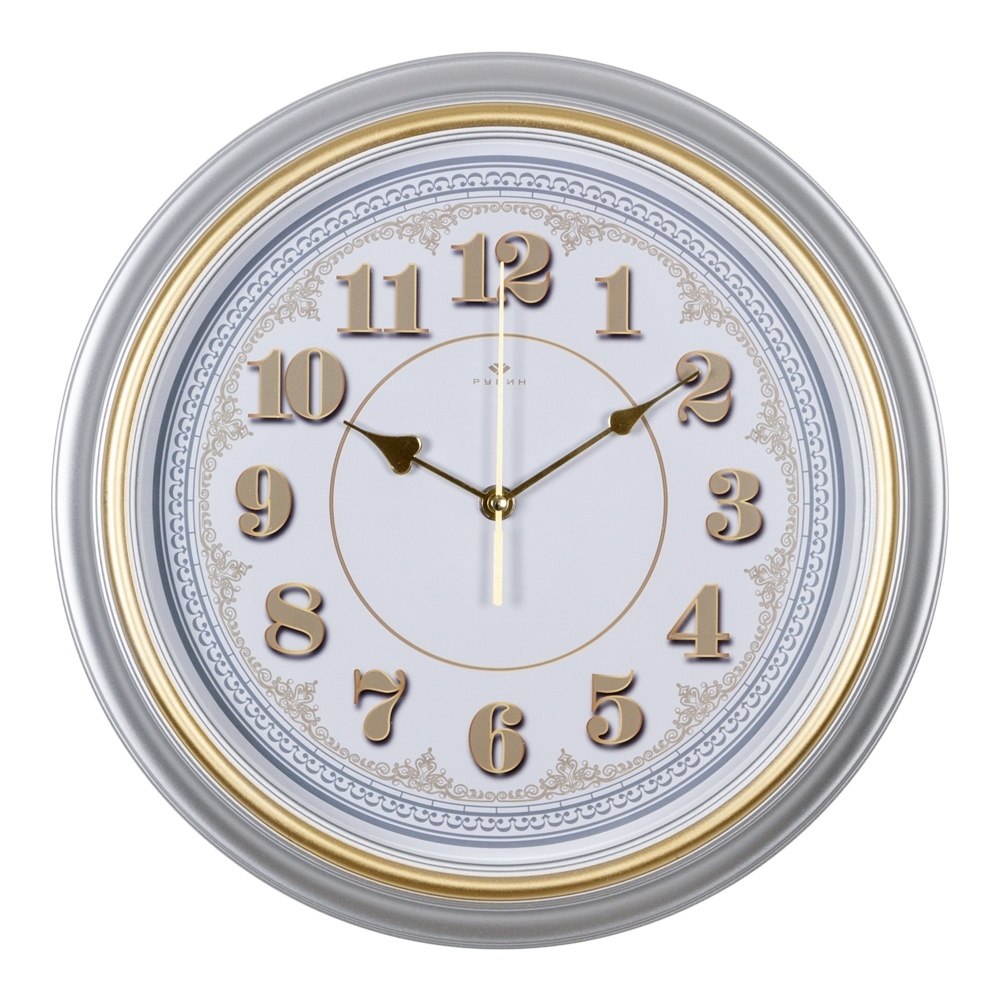 фото Часы настенные рубин круглые 35 см, рама серебрянная с золотым кольцом "классика"