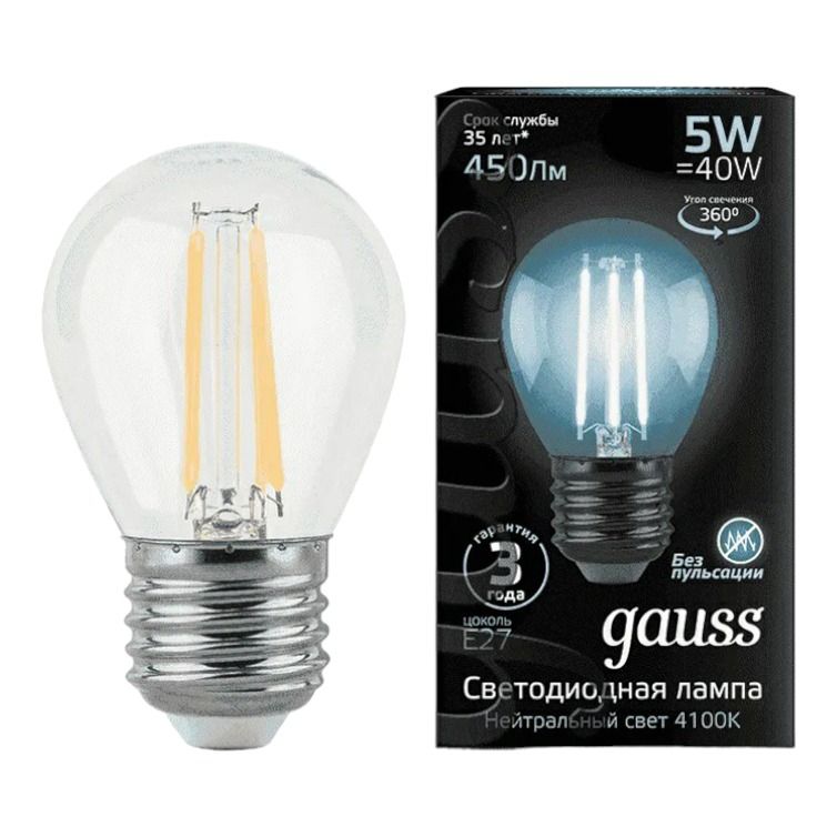 

Лампа светодиодная Gauss Filament Е27 5 Вт 4100 К груша прозрачная