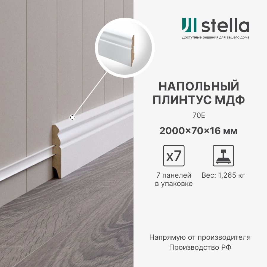 

Напольный плинтус из МДФ Stella 80S 2000х80х16 Белый (5 шт. в упак.), PL-1