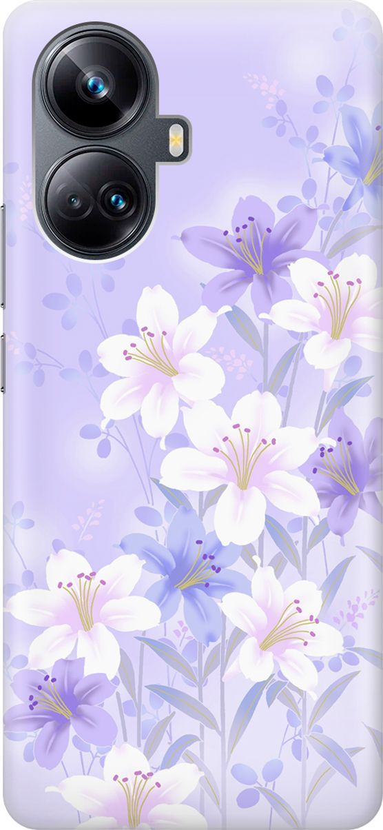 

Силиконовый чехол на Realme 10 Pro+ с принтом "Лилии на фиолетовом", Белый;фиолетовый, 158630