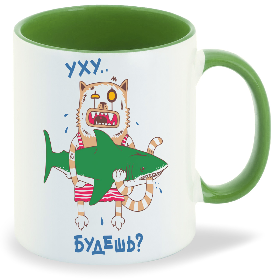 

Кружка CoolPodarok Прикол Кот с акулой Уху будешь2, Прикол Кот с акулой Уху будешь2