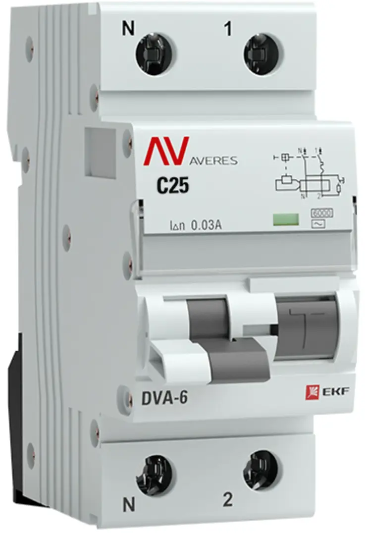 Дифференциальный автомат EKF Averes DVA-6 1P N C25 A 30 мА 6 кА AC