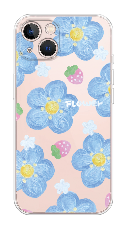 

Чехол Homey на Apple iPhone 13 "Цветы и клубники", Прозрачный;голубой;белый, 14250-1