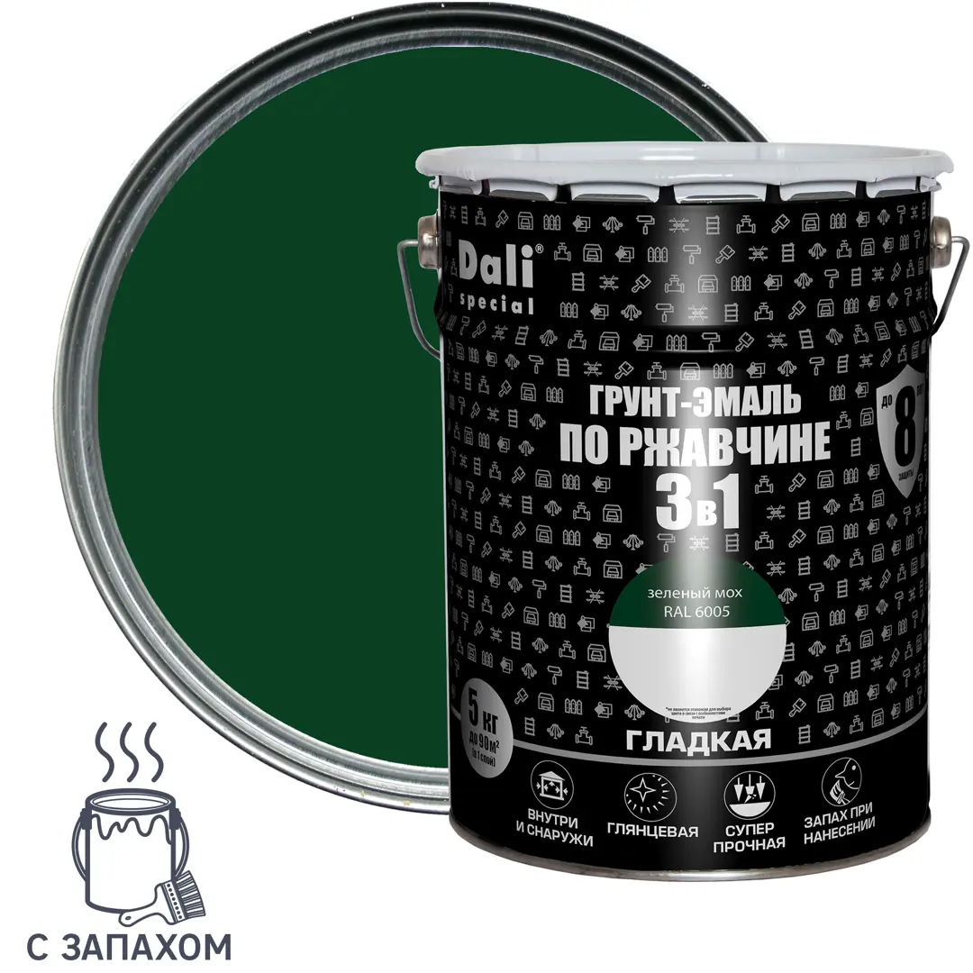 Грунт-эмаль по ржавчине 3 в 1 Dali Special гладкая цвет зелёный мох 5 кг RAL 6005 грунт эмаль по ржавчине 3 в 1 profilux гладкая зелёный 0 9 кг