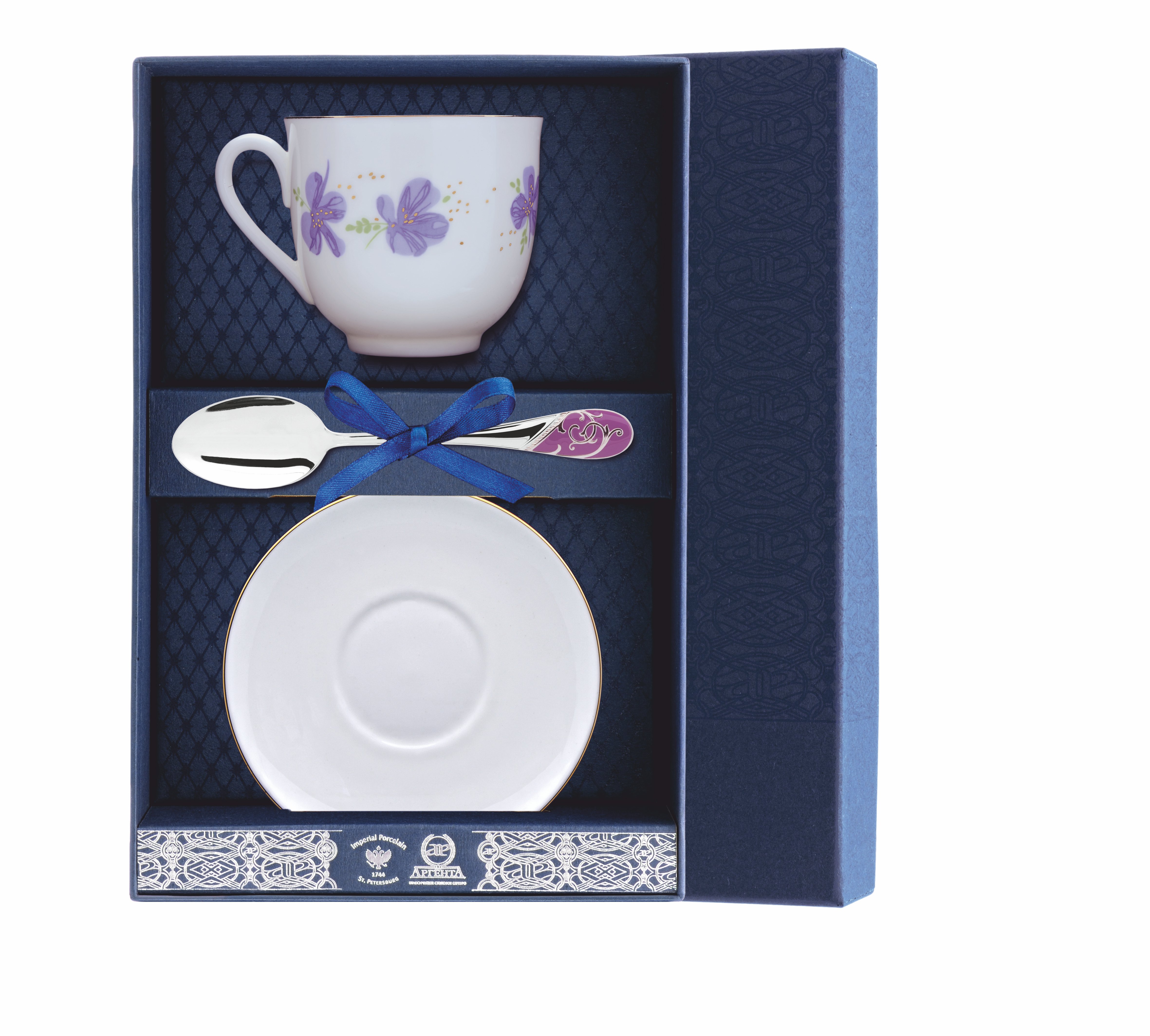 Набор АргентА чайный Ландыш-Сиреневые цветы Чашка чайная Блюдце Ложка серебряная 013Ф03