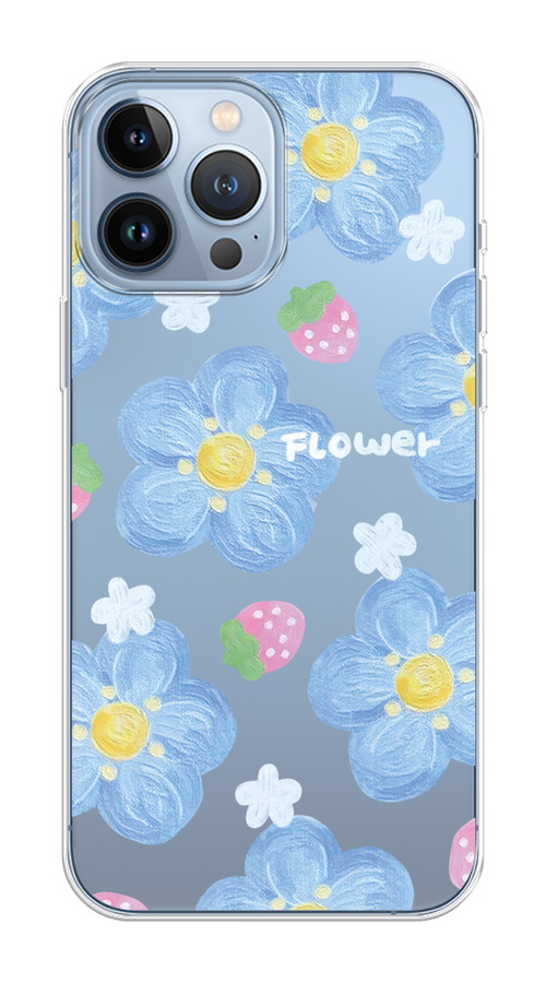 

Чехол Homey на Apple iPhone 13 Pro Max "Цветы и клубники", Прозрачный;голубой;белый, 14450-1