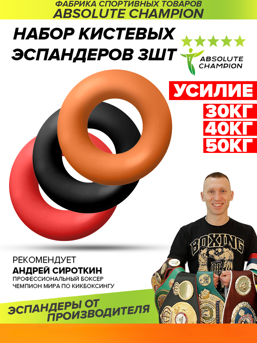 Эспандер кистевой матовый Absolute Champion НАБОР 3шт. усилие 30, 40, 50кг