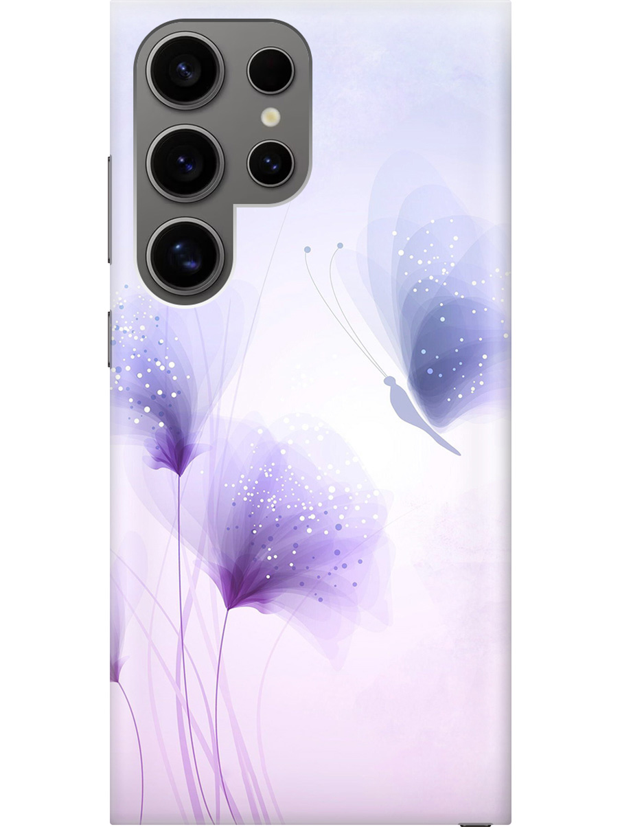 

Силиконовый чехол на Samsung Galaxy S24 Ultra с рисунком "Бабочка и фиолетовые цветы", Фиолетовый, 20011899