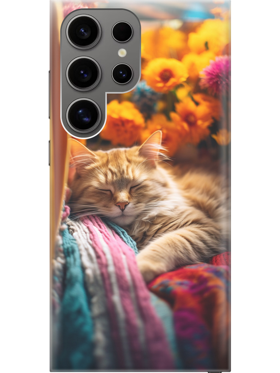 

Силиконовый чехол на Samsung Galaxy S24 Ultra с рисунком "Спящий на пледе котик", Белый;желтый, 20011899