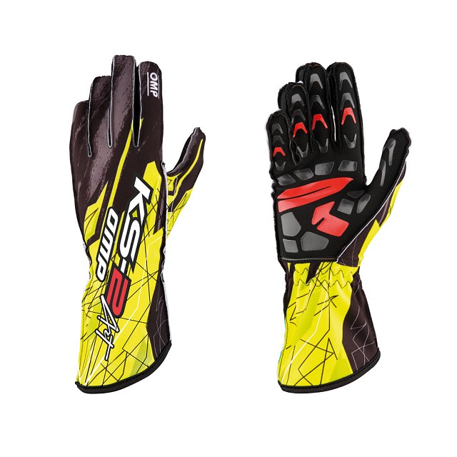 фото Перчатки для картинга ks-2 art, чёрный/флуор. жёлтый, р-р s omp racing kk02748178s