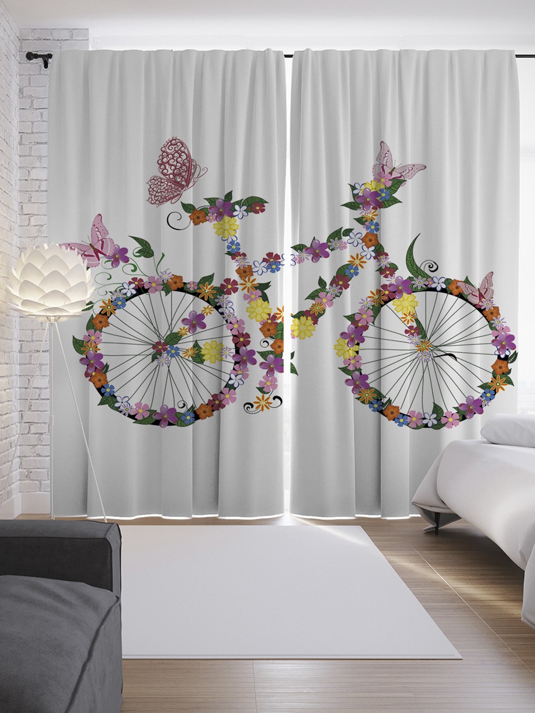 фото Шторы с фотопечатью "цветочный велосипед с бабочками" из сатена, 290х265 см joyarty