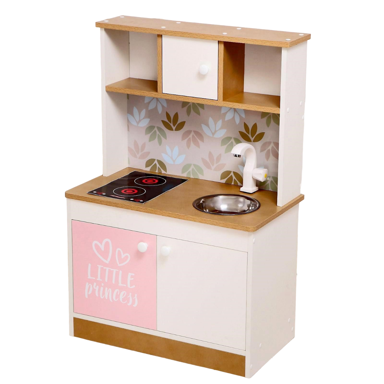 фото Набор игровой мебели детская кухня, корпус бело-бежевый, фасад бело-розовый, фартук цветы забияка