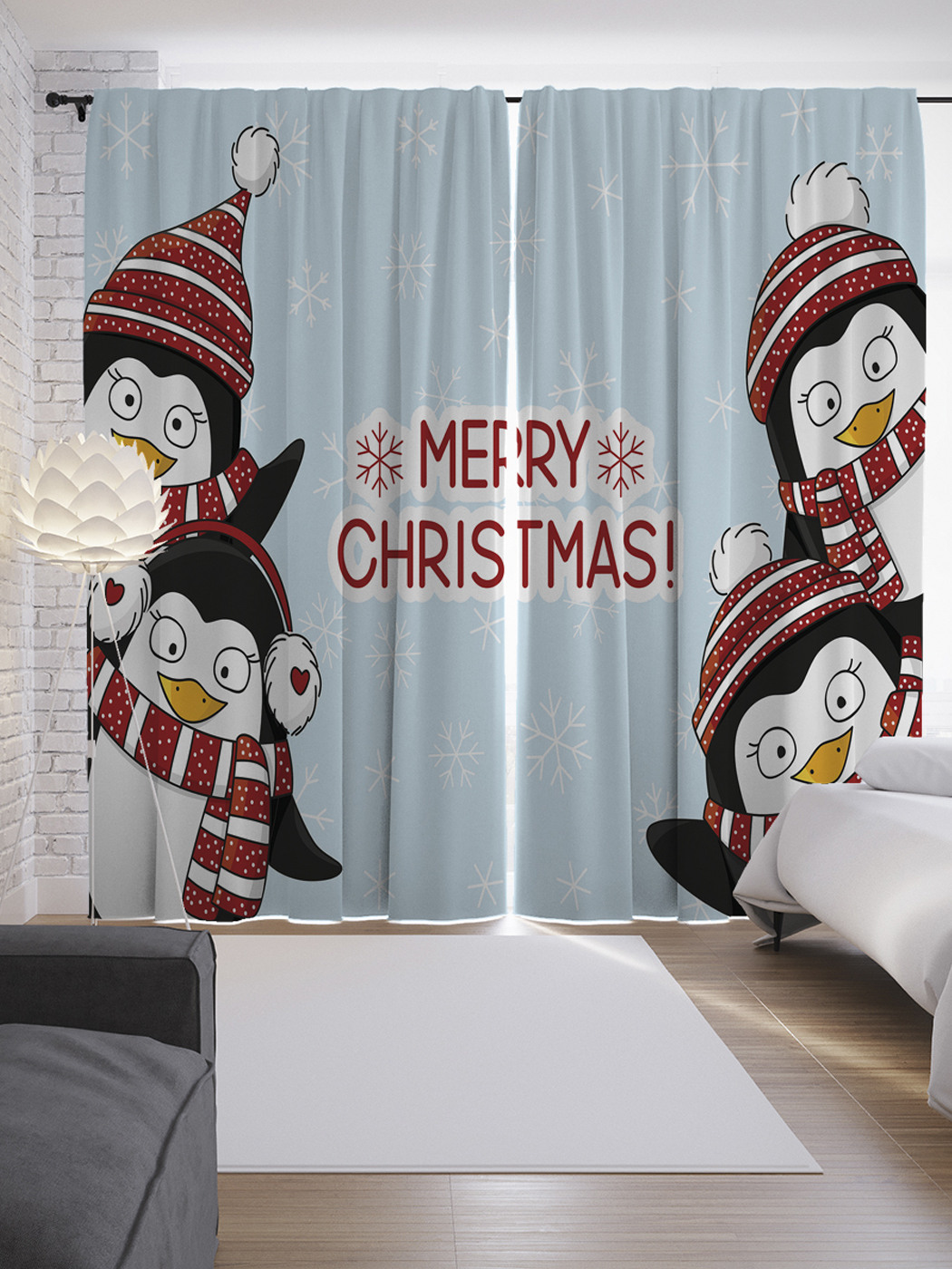 

Шторы с фотопечатью "Пингвины и рождество" из сатена, 290х265 см