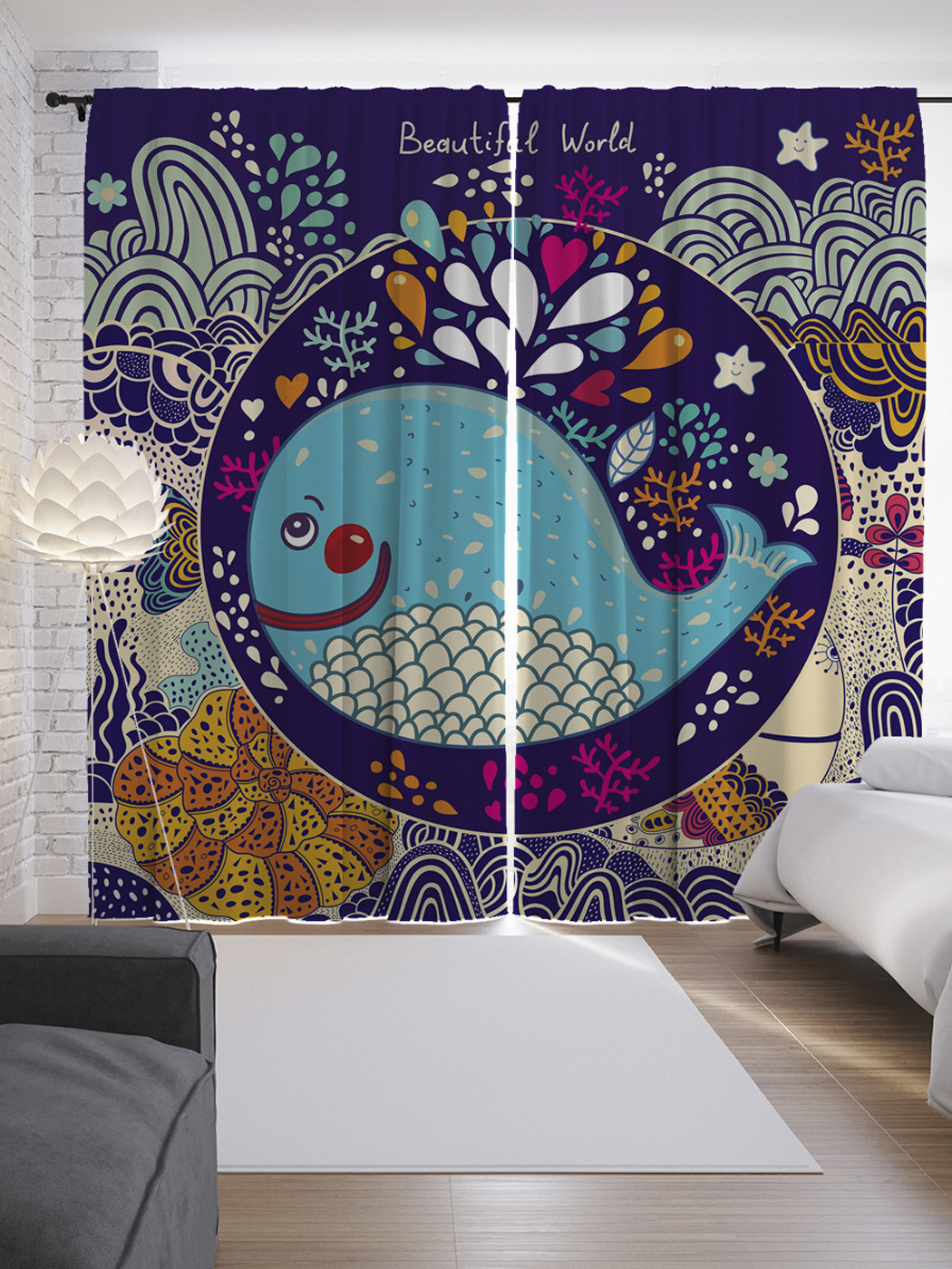 

Шторы с фотопечатью "Радостный кит" из сатена, 290х265 см