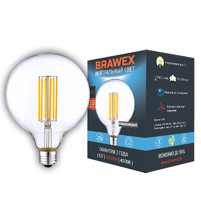 

Светодиодная лампа Brawex LED Filament шар G45 13W 4000K E27 G95F-E27-13N