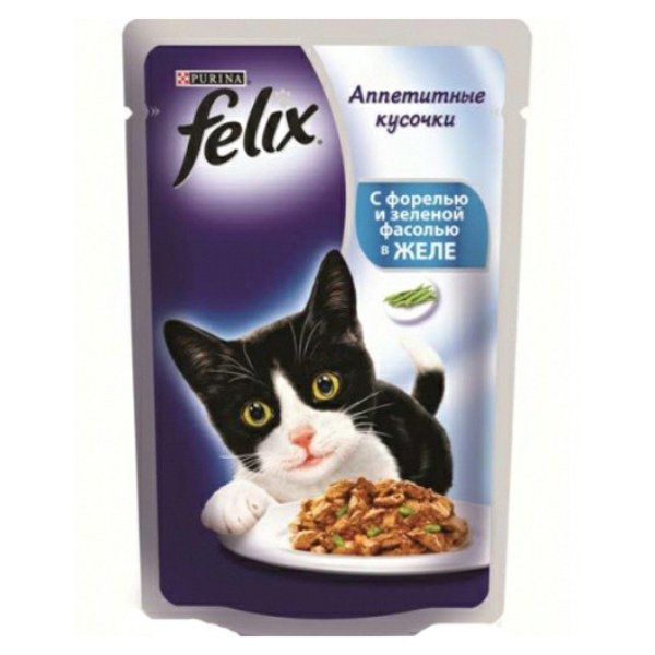 

Влажный корм для кошек Felix Аппетитные кусочки, с форелью и зеленой фасолью, 85г, Аппетитные кусочки