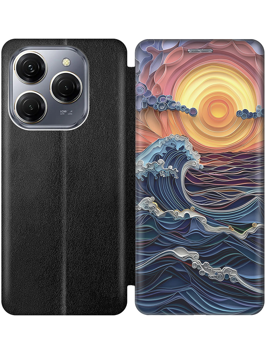 

Чехол-книжка на Tecno Spark 20 Pro с принтом "Волны на закате" черный, 779829010