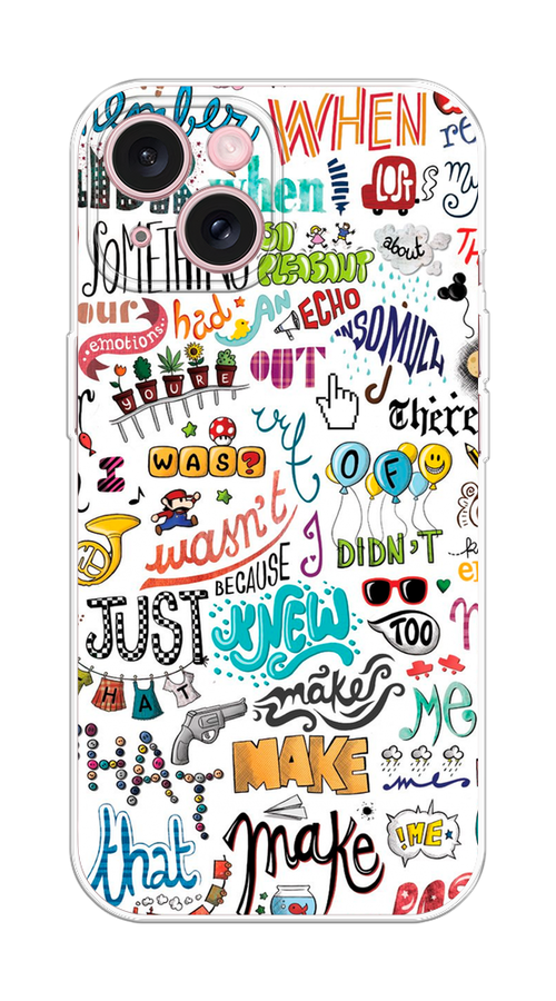 

Чехол Homey на Apple iPhone 15 "Много надписей", Белый;серый;голубой, 15550-1