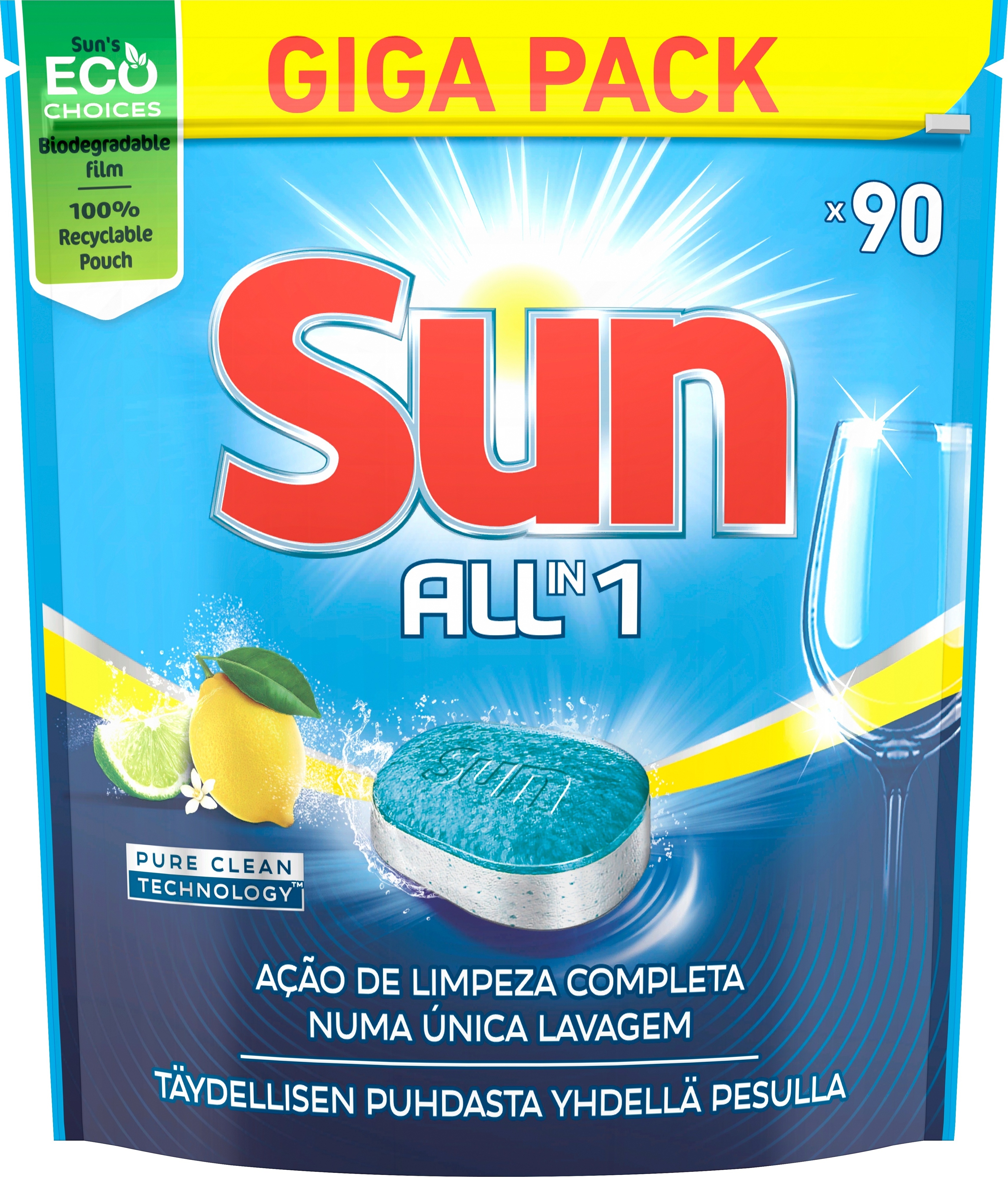 Таблетки для посудомоечной машины Sun All-In-One Lemon, 90 таблеток, GIGA PACK