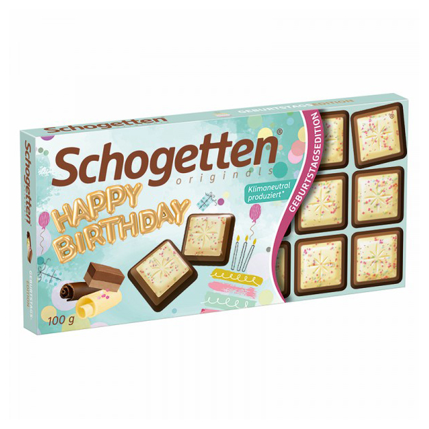 

Шоколад Schogetten Happy Birthday белый молочный с цветными драже 100 г