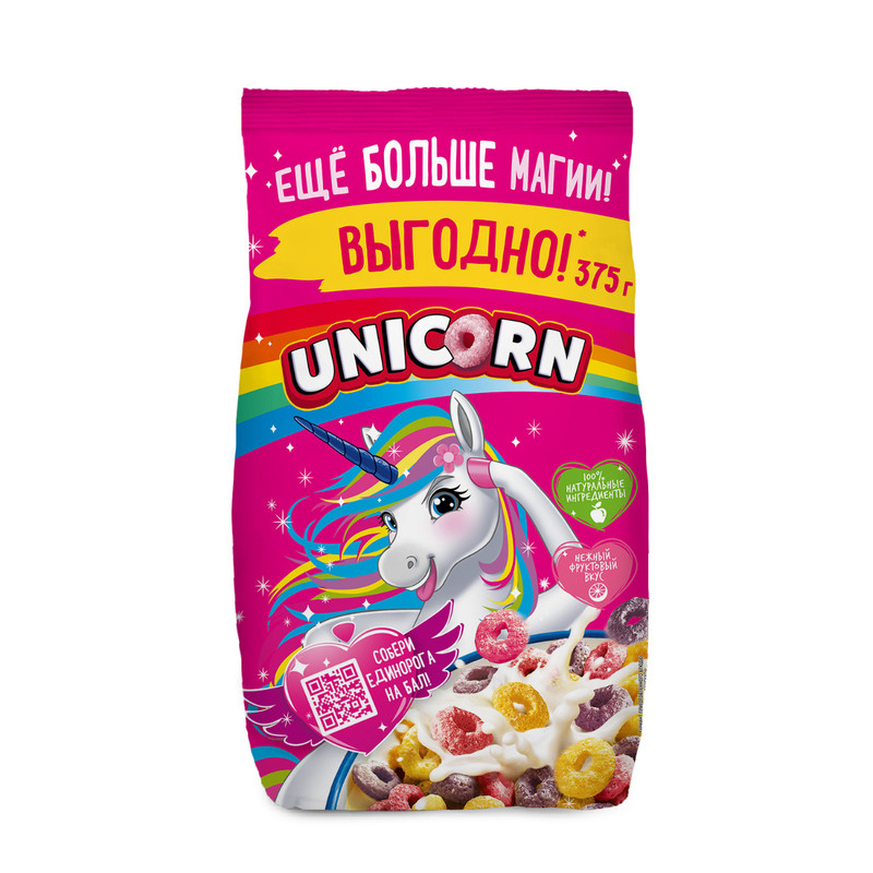 Готовый завтрак Unicorn Радужные колечки с фруктовым вкусом цельнозерновые 375 г