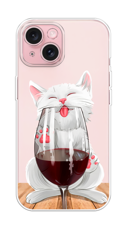 

Чехол Homey на Apple iPhone 15 "Кот с бокалом", Прозрачный;белый;красный, 15550-1
