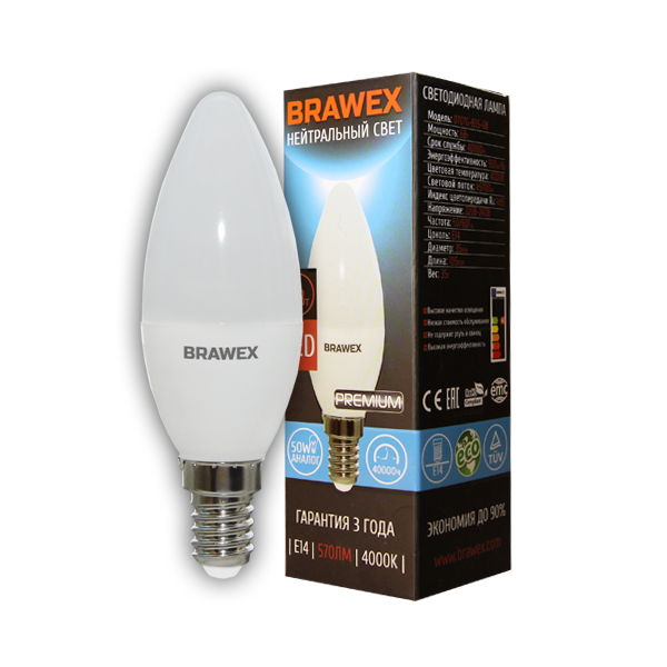 Светодиодная лампа BRAWEX свеча 7Вт 4000К B35 Е14 0707G-B35-7N