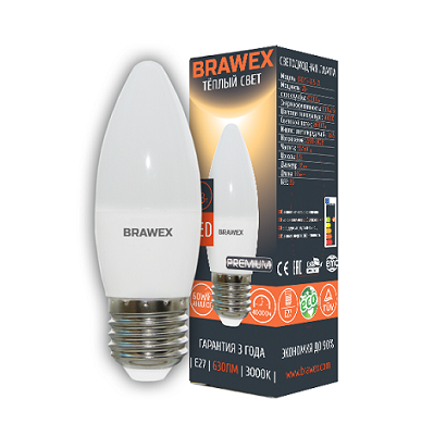 Светодиодная лампа BRAWEX свеча 7Вт 3000К B35 Е27 0707E-B35-7L