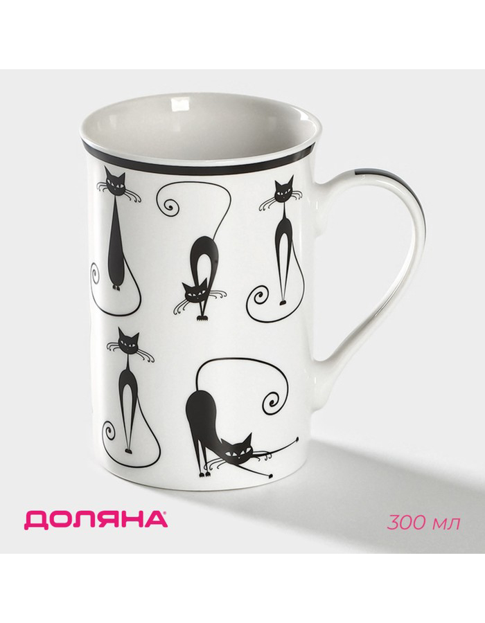 

Кружкa для чая Доляна Чёрный кот из костяного фарфора, 300 мл, белая