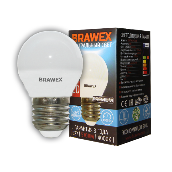 

Светодиодная лампа BRAWEX шар 7Вт 4000К G45 Е27 2007A-G45-7N