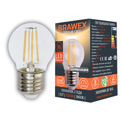 Светодиодная лампа Brawex LED Filament шар G45 9W 3000K E27 G45F-E27-9L