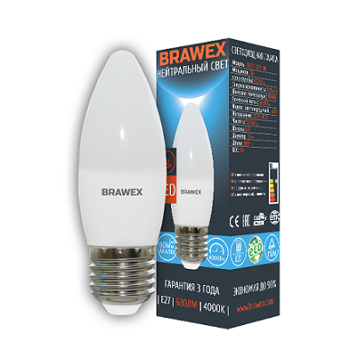 

Светодиодная лампа BRAWEX свеча 7Вт 4000К B35 Е27 0707E-B35-7N