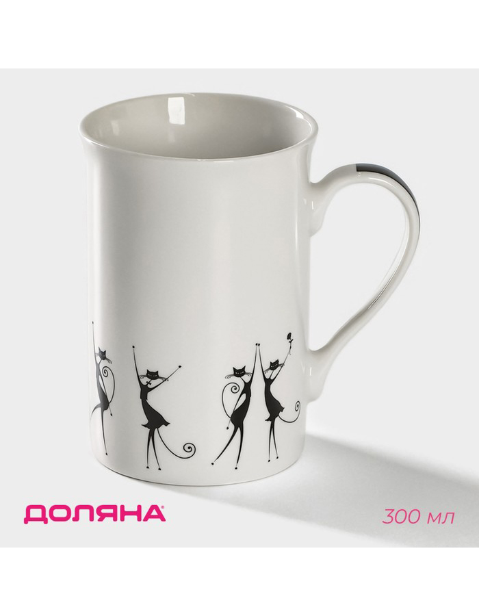 

Кружкa для чая Доляна Чёрные кошечки из костяного фарфора, 300 мл, белая