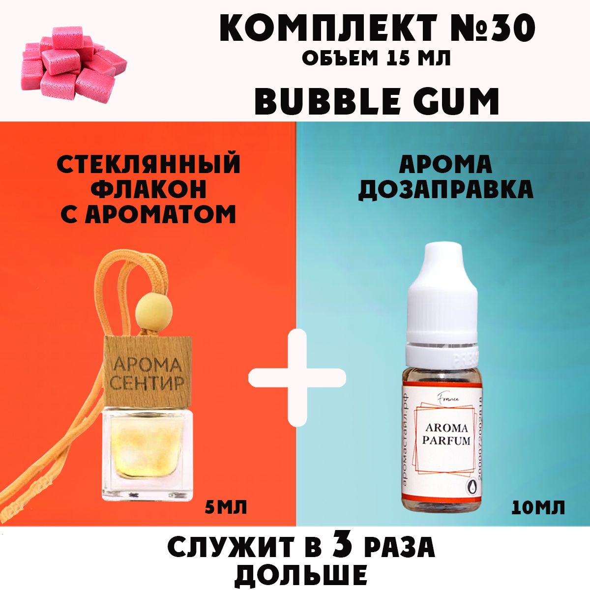 

Автомобильный ароматизатор Аромастайл флакон с деревянной крышкой и заправка Bubble Gum