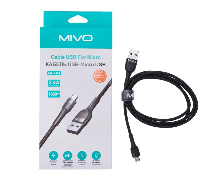 Кабель MIVO MX-41M USB-Micro USB, 1 м, 5 В / 2,4 А черный