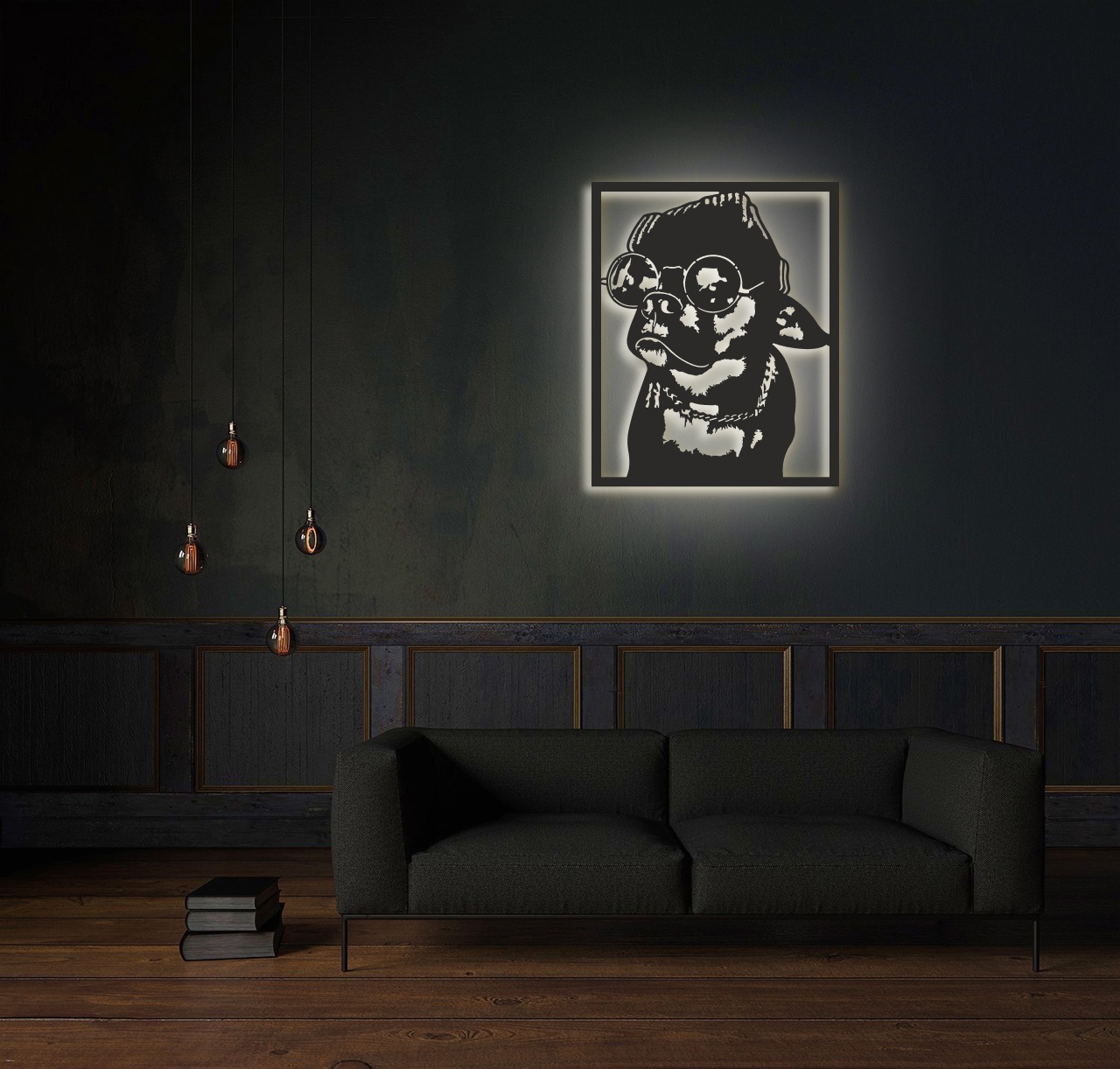 фото Декоративное панно на стену с белой подсветкой, moretti бульдог 65х80