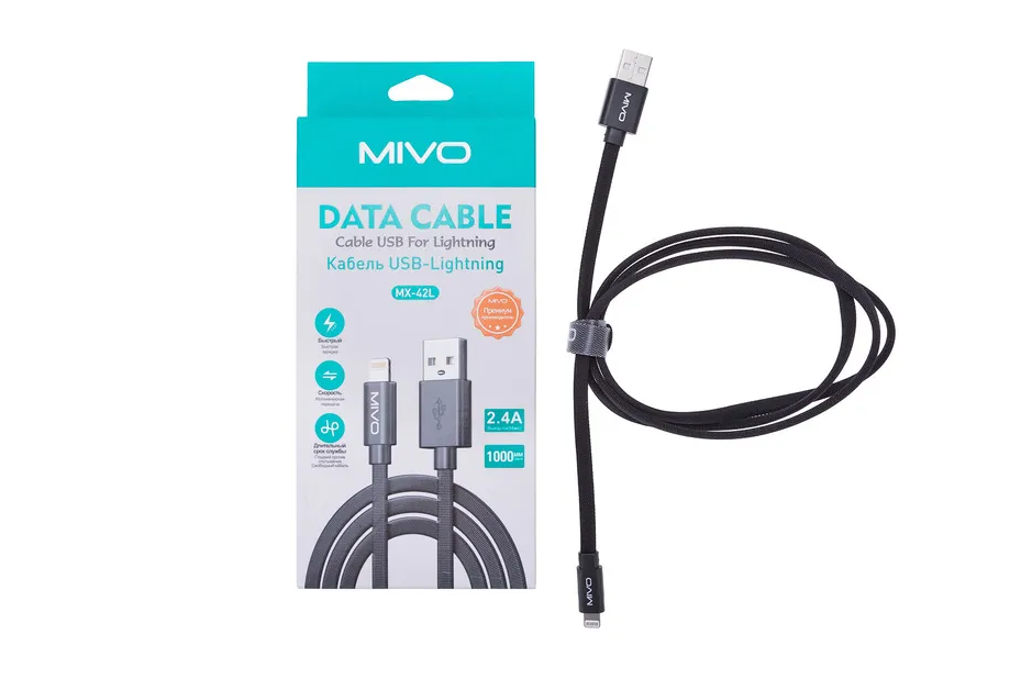 Кабель MIVO MX-42L USB-Lightning, 1 м, 5 В / 2,4 А черный